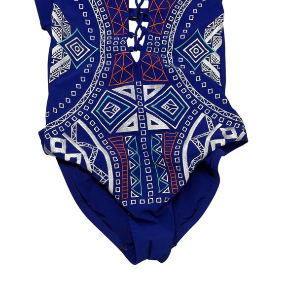 Trina Turk Blue Jakarta Embroidered Hi Neck One Piece Swimsuit Women's Size 4 - Picture 8 of 12